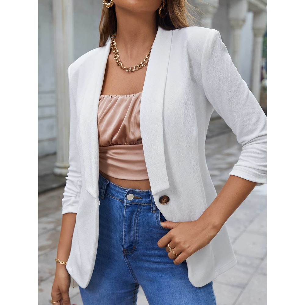 minimalist Shawl Collar Single Button Ruched Cuff Blazer jacket black - Picture 7 of 11